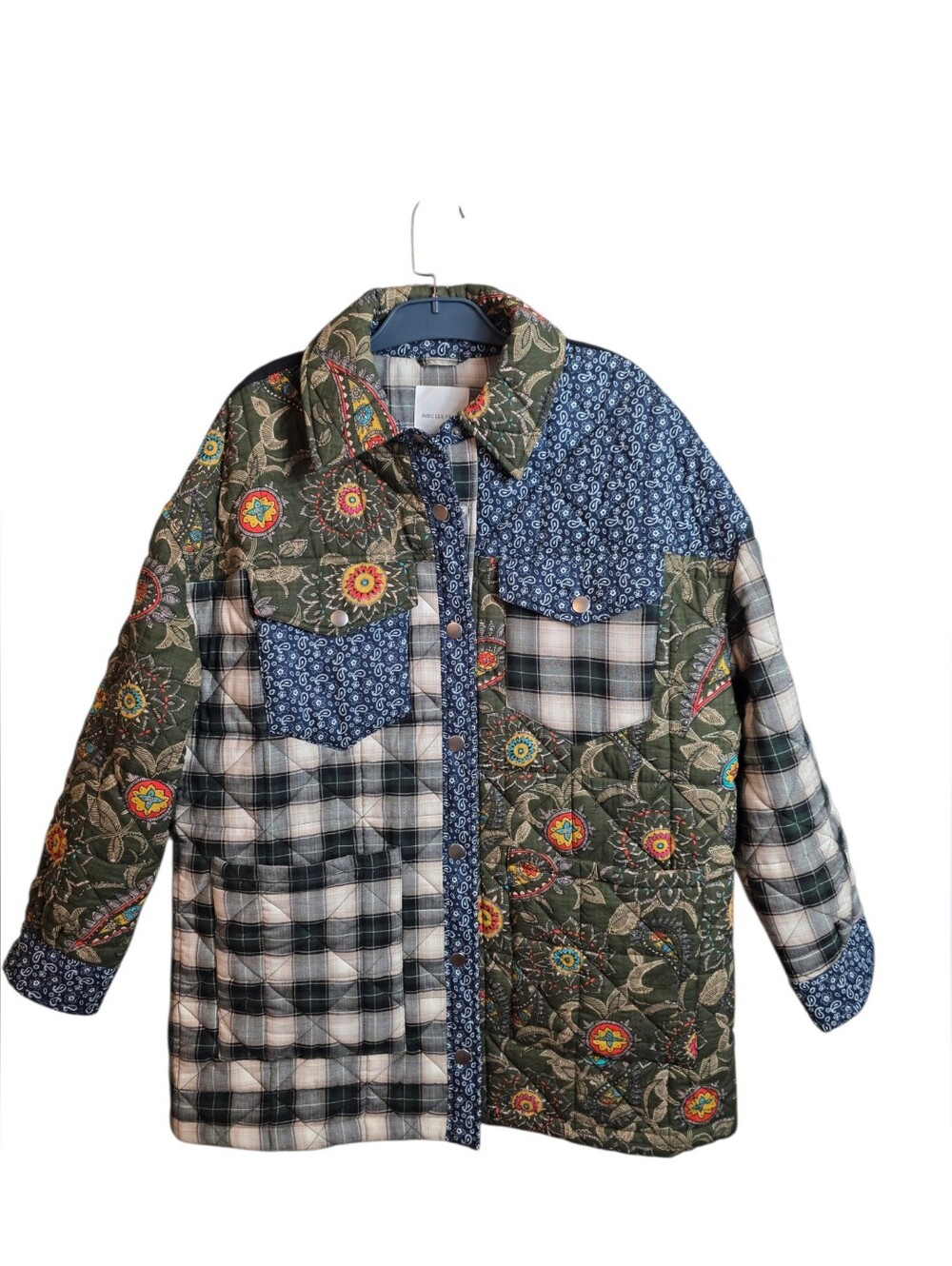 Avec Les Filles Patchwork Quilted Floral Plaid Shacket Jacket Large - Picture 3 of 16